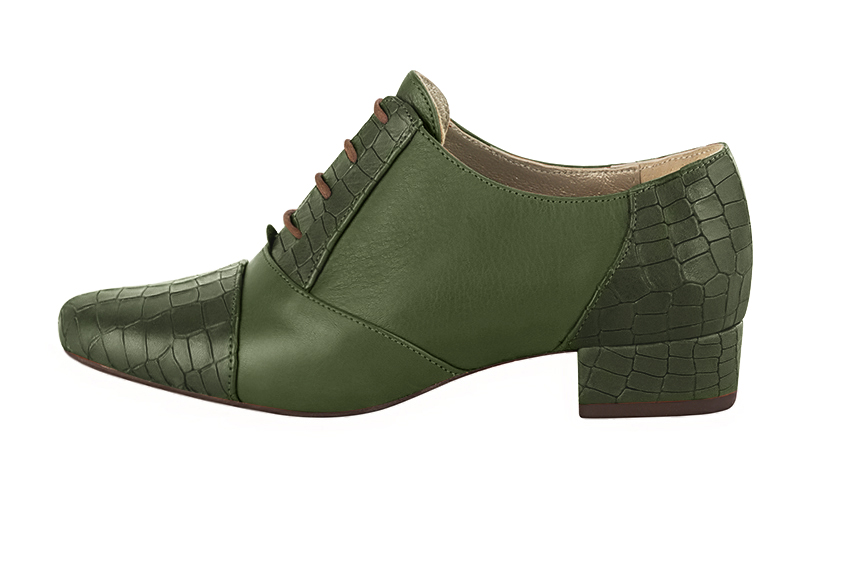 Forest green women's essential lace-up shoes. Round toe. Low block heels. Profile view - Florence KOOIJMAN